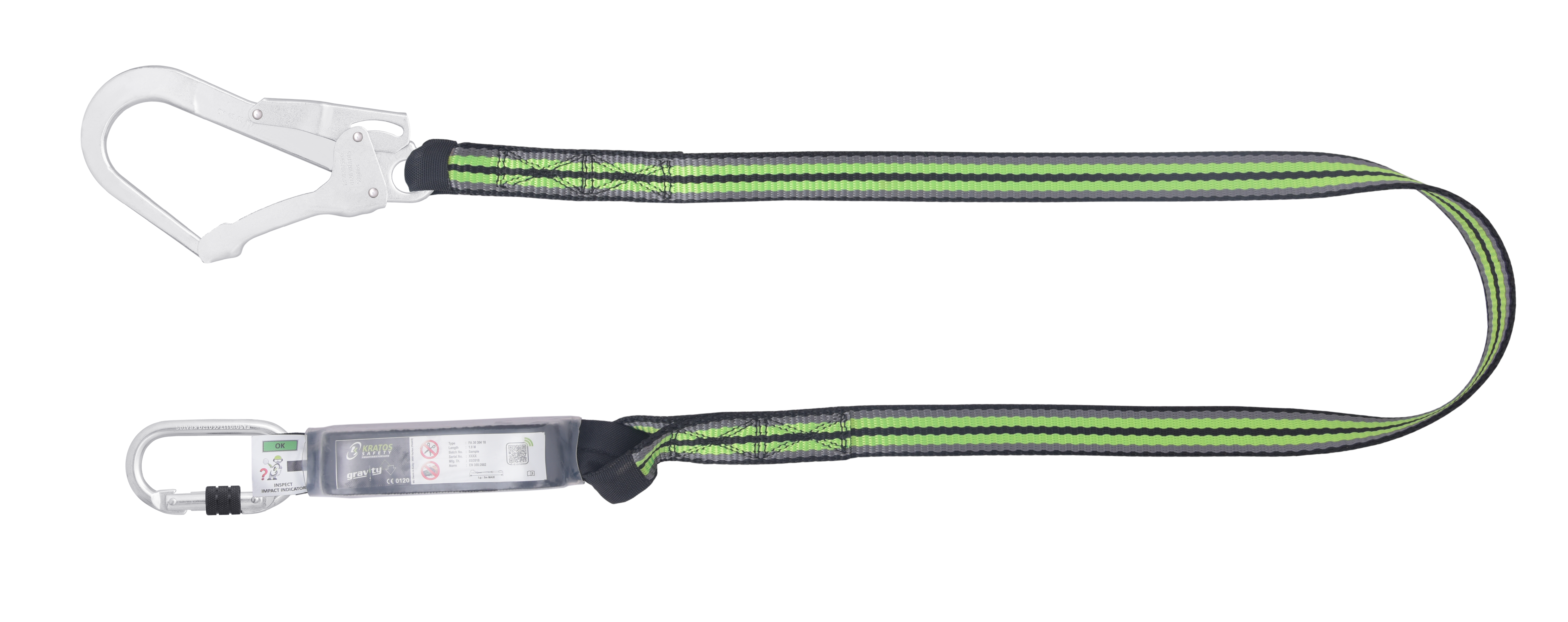 HOPE - Verbindungsmittel mit Falldämpfer aus Gurtband 1,80 m mit Karabiner FA 5010117 Stahlkarabiner mit Schraubverschluss an einem Ende und FA 5020755 Gerüsthaken am anderen Ende