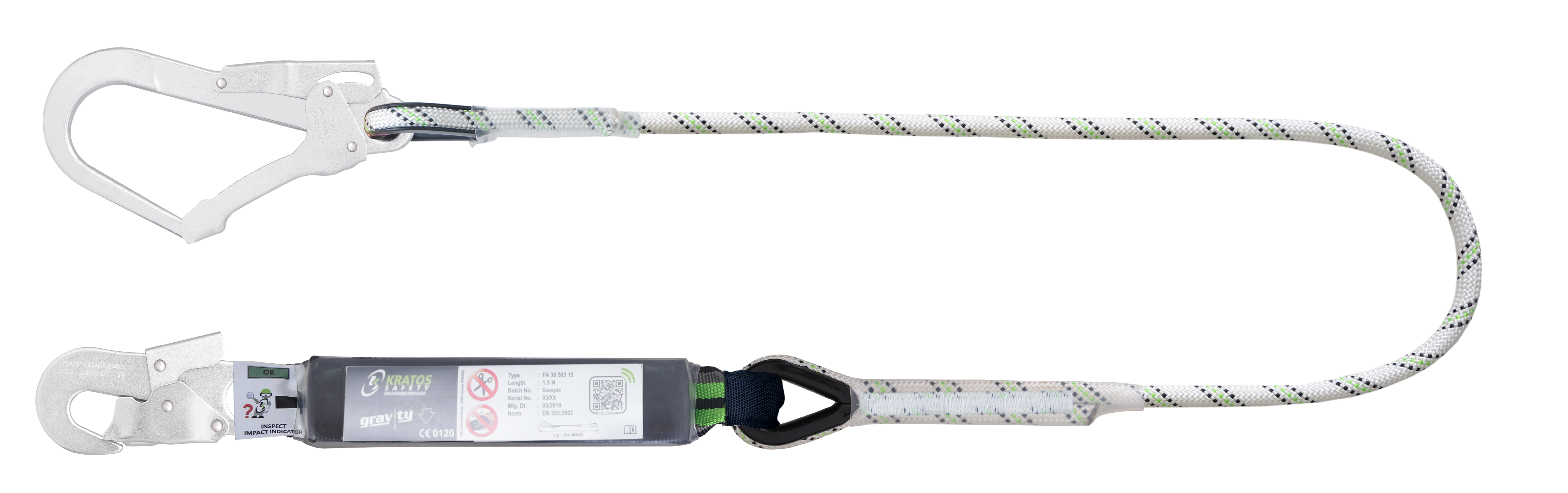 HOPE - Verbindungsmittel mit Falldämpfer aus Kernmantelseil 1,50 m mit Karabiner FA 5020217 Automatik-Stahlkarabiner an einem Ende und FA 5020755 Gerüsthaken am anderen Ende
