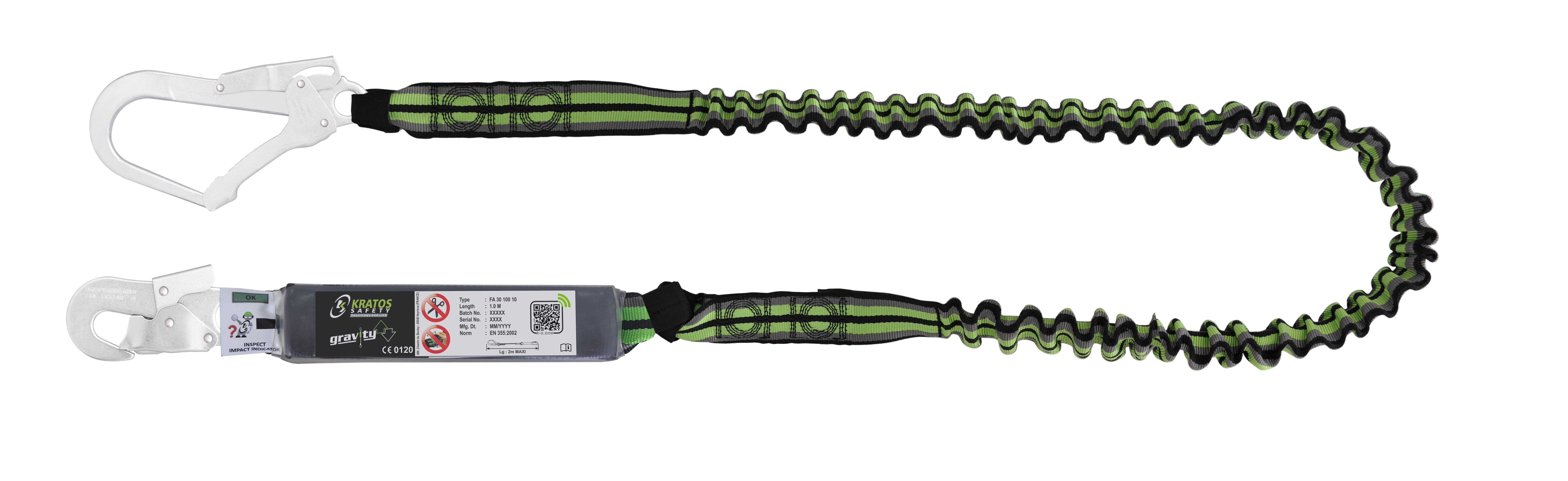 HOPE - Verbindungsmittel aus elastischem Gurtband mit Falldämpfer 2 m mit Karabiner FA 5020217 Automatik-Stahlkarabiner an einem Ende und FA 5020755 Gerüsthaken am anderen Ende