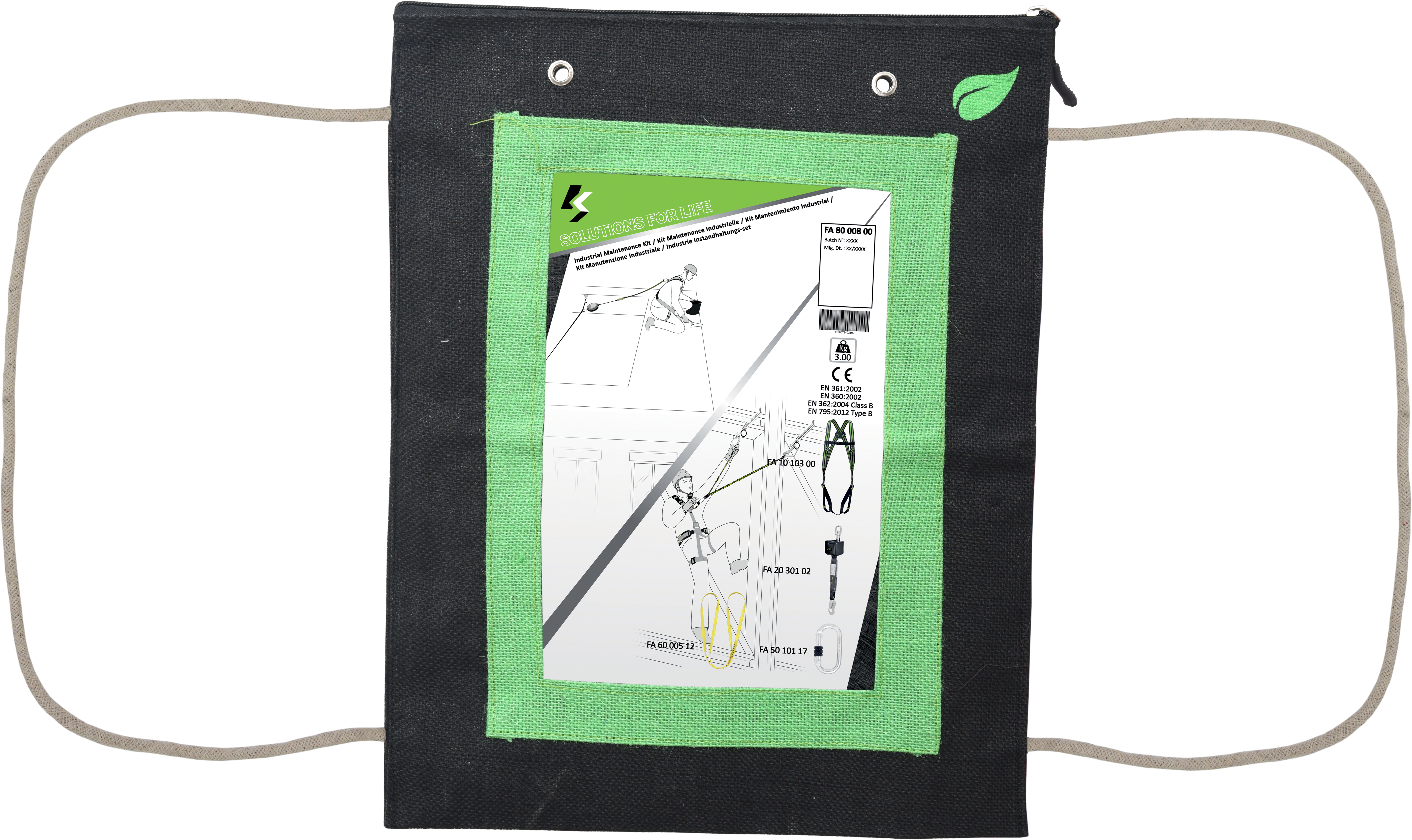 Industriewartungsset mit einem Auffanggurt, mit 1 Karabiner FA 5010117 Stahlkarabiner mit Schraubverschluss und einem Höhensicherungsgerät und einer Bandschlinge 