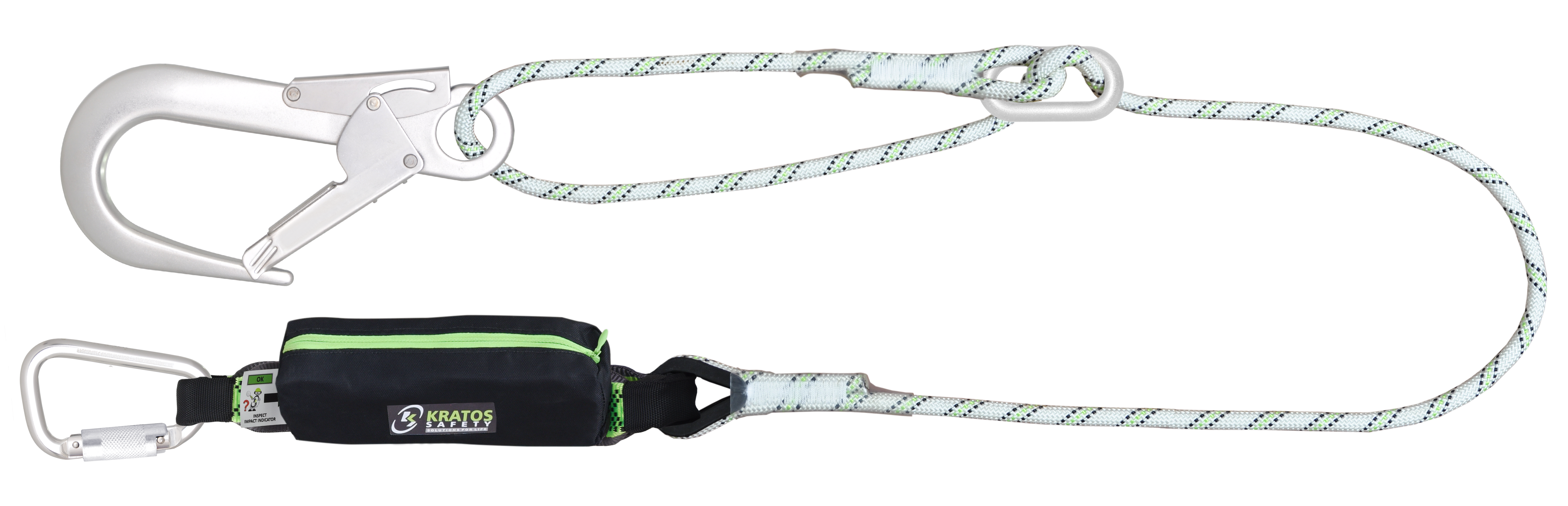 CURIOSITY - Verbindungsmittel mit Falldämpfer aus Kernmantelseil 2 m mit Einstellschnalle und Aluminium Gerüsthaken FA 50 208 60 an einem Ende und Aluminium Schraubkarabiner FA 50 103 22 am anderen Ende 