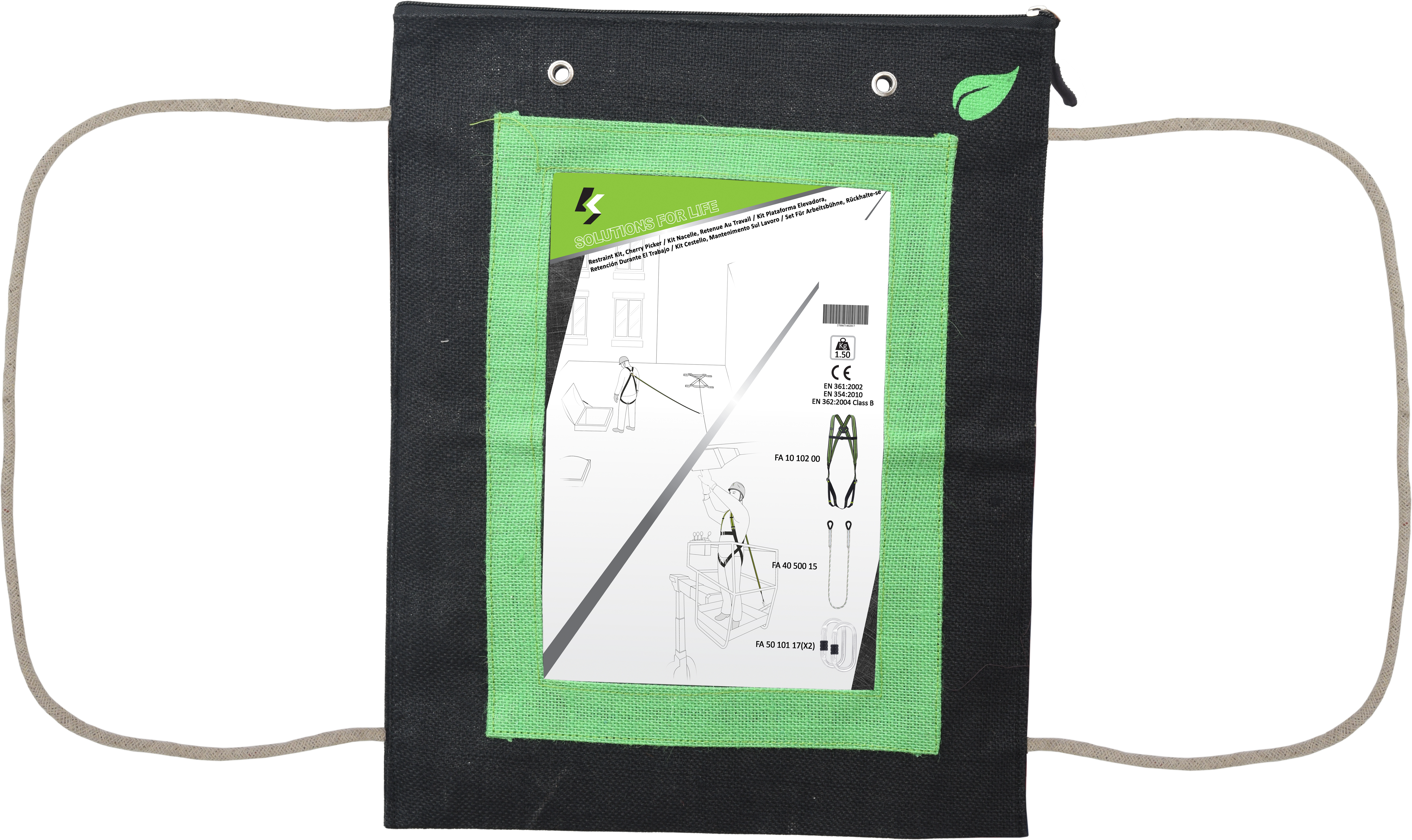 Rückhaltesystem-Set für Arbeiten mit einem Auffanggurt, mit 2 Karabiner FA 5010117 Stahlkarabiner mit Schraubverschluss und einem Verbindungsmittel aus geflochtenem Seil 1,5 m 